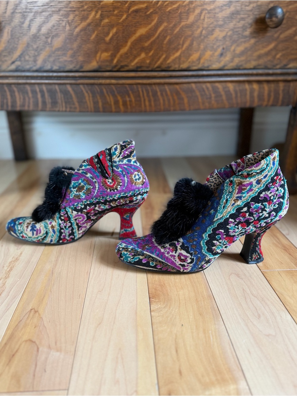 Baci Baroque Revival Tapestry Booties Black Fur Trim Vintage Inspired Shoes, 8 - Picture 6 of 14